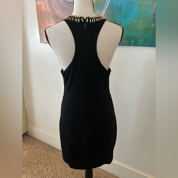 Bebe Bodycon Stretch Ponte Beaded High Neck Scoop Back Cocktail Mini Dress M - Picture 6 of 14